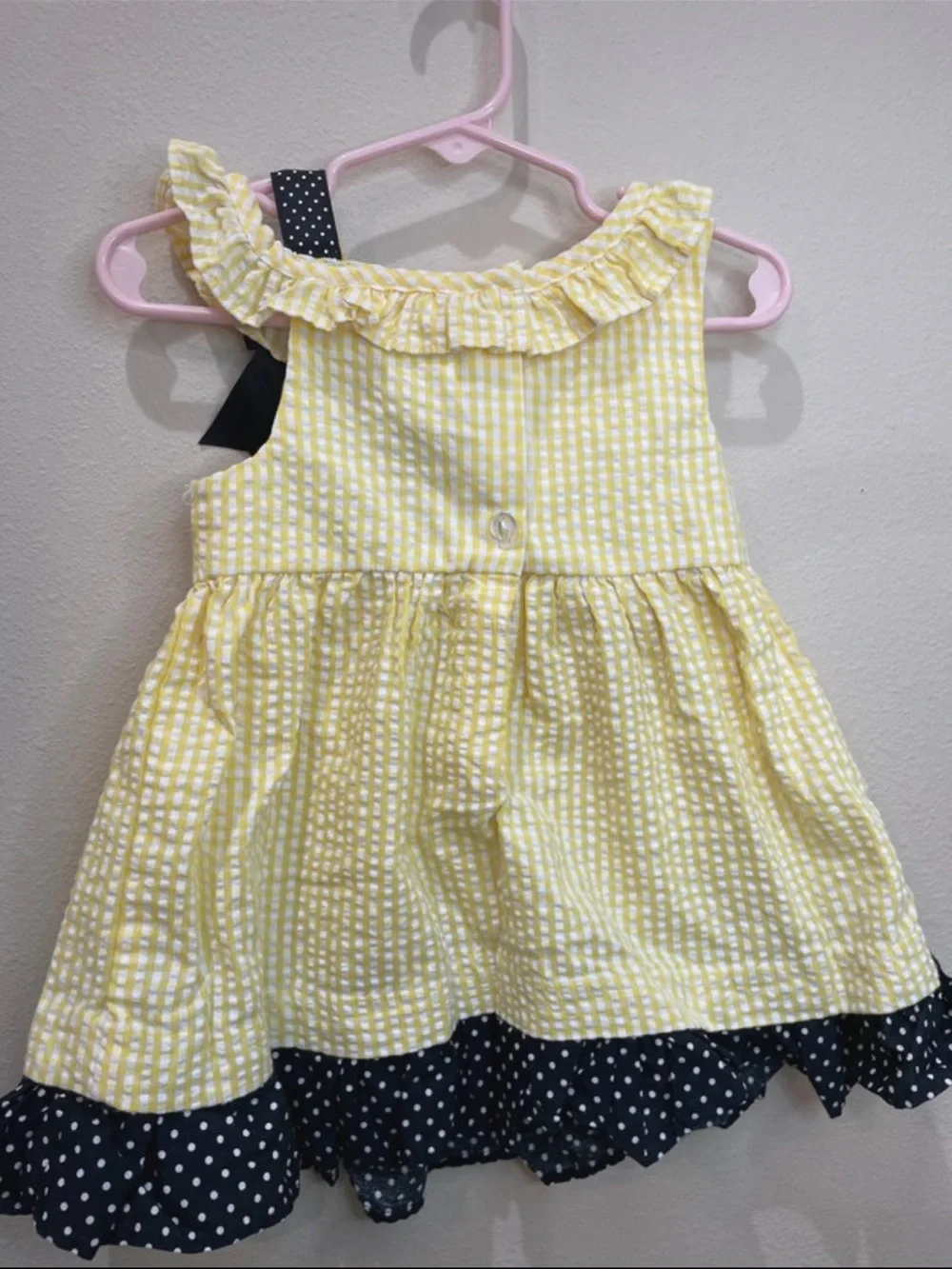 Girls Yellow Gingham Bee Dress with Navy Polka Dot Trim